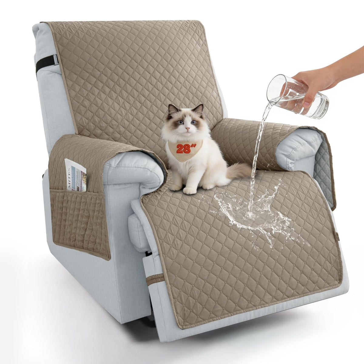 100% Waterproof Recliner Chair Covers 23.6'', Non Slip Recliner Chair Protector Washable Recliner Covers with Pocket & Elastic Straps for Dogs Cats Kids Pets-Chocolate