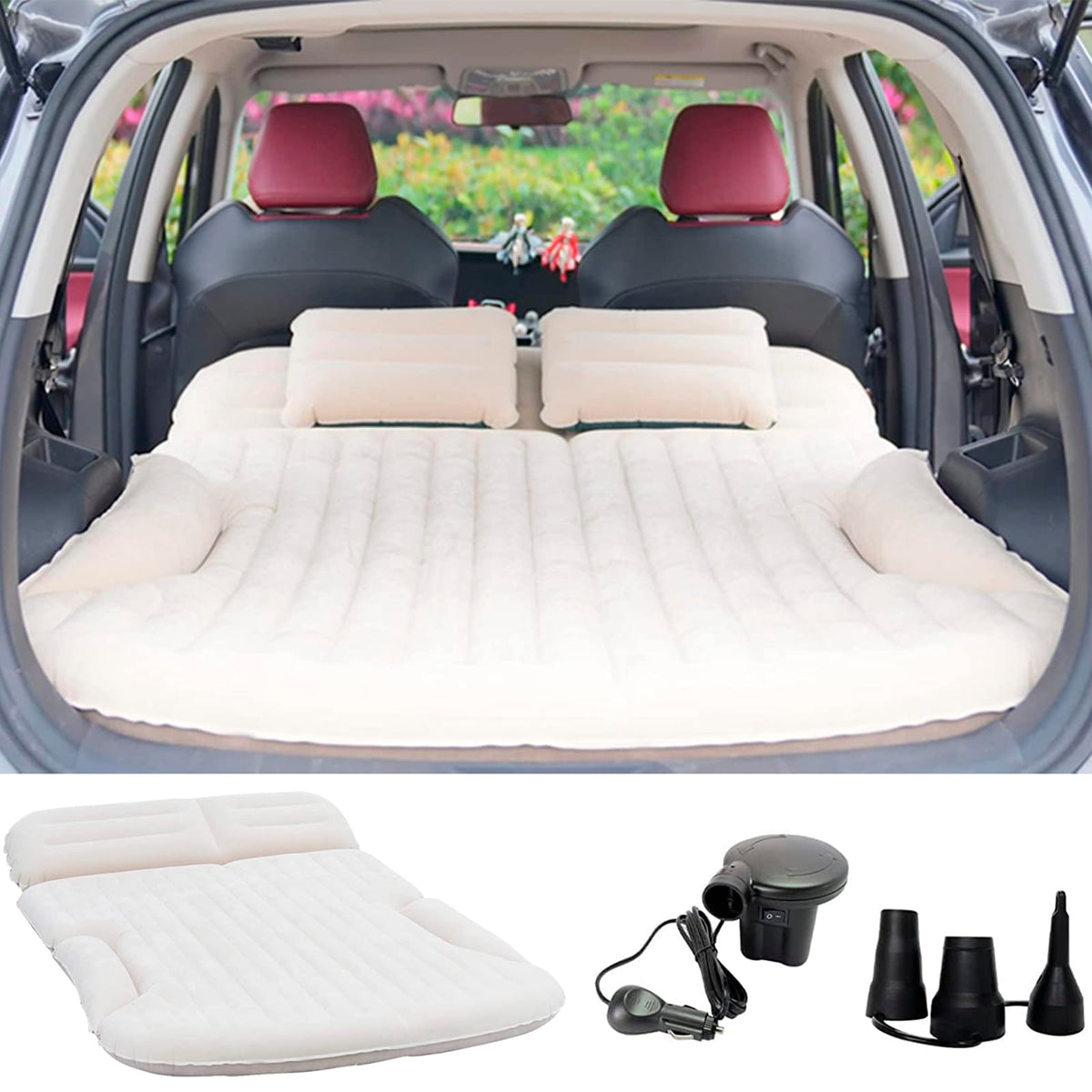 KMZ SUV Air Mattress Thickened and Double-Sided Flocking Travel Camping Bed with 2 Pillows & Electric Pump Dedicated Mobile Cushion Inflatable Bed for SUV Trunk and Rear Seat (Dark Gray)