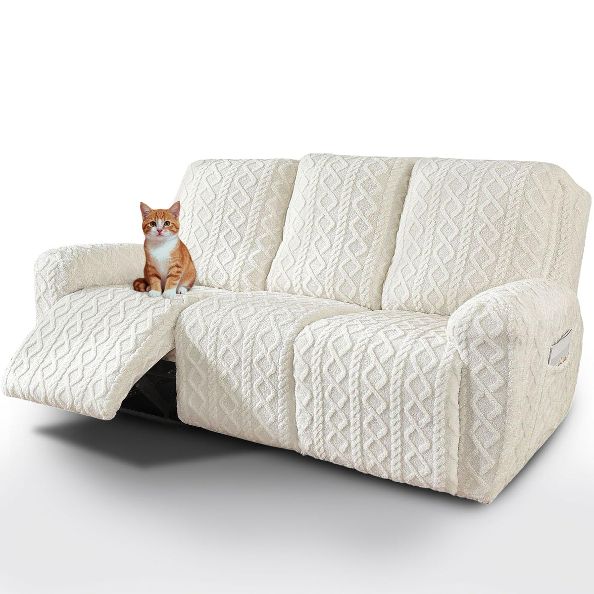 vctops 4 Pieces Recliner Chair Covers, Geometric Jacquard Plush Recliner Slipcovers Soft Fuzzy Sofa Couch Cover Anti-Slip Furniture Protector with Elastic Bottom for Kids Cats Dogs (Cream,1 Seat)