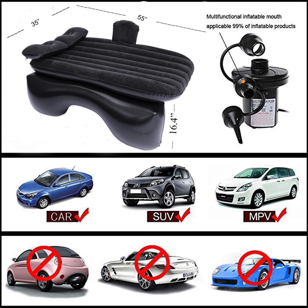 Onirii Inflatable Car Air Mattress Back Seat Bed with Air Pump,Thickened Portable Car Travel Sleeping Camping Air Mattress Blow Up Bed for Car Universal SUV