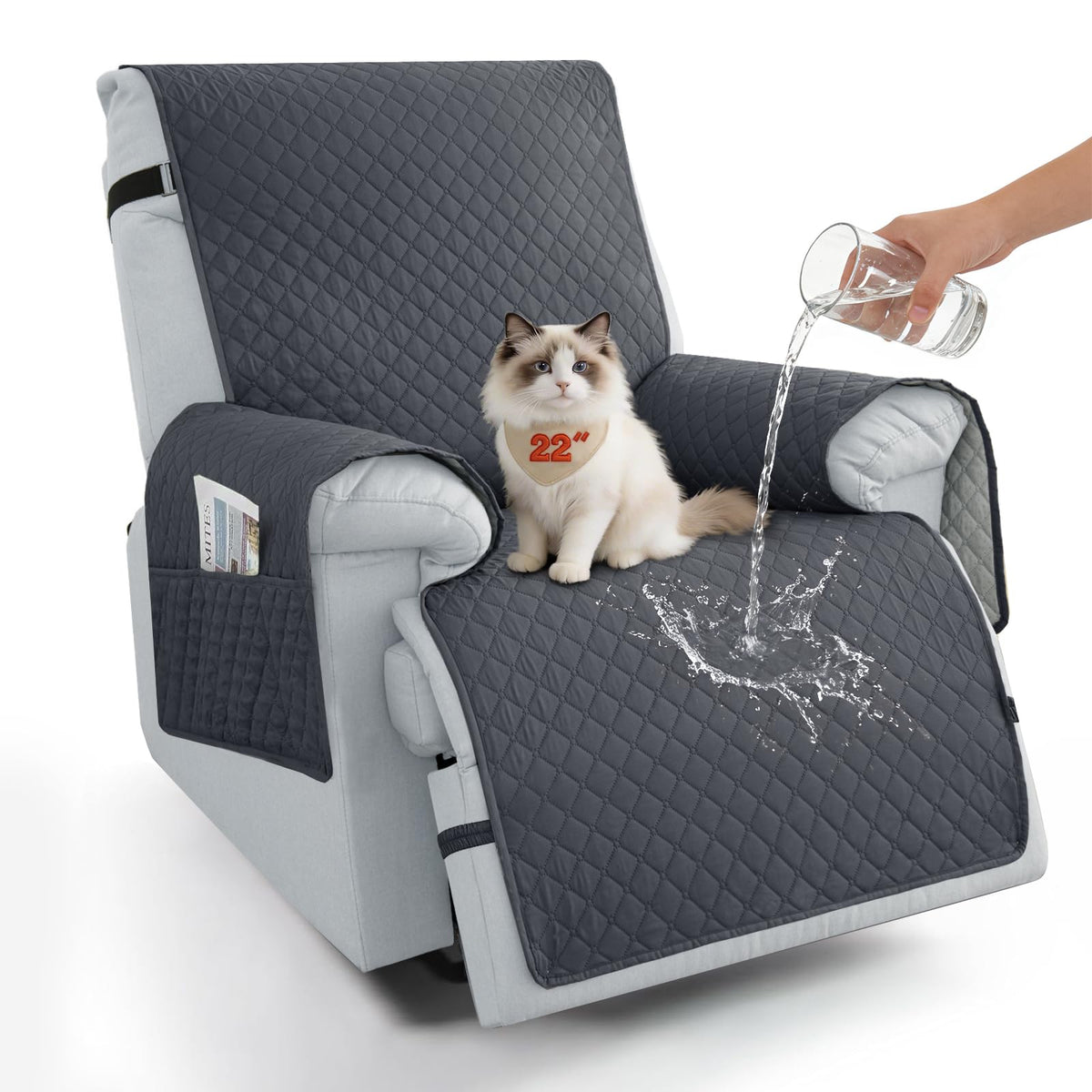 100% Waterproof Recliner Chair Covers 23.6'', Non Slip Recliner Chair Protector Washable Recliner Covers with Pocket & Elastic Straps for Dogs Cats Kids Pets-Chocolate