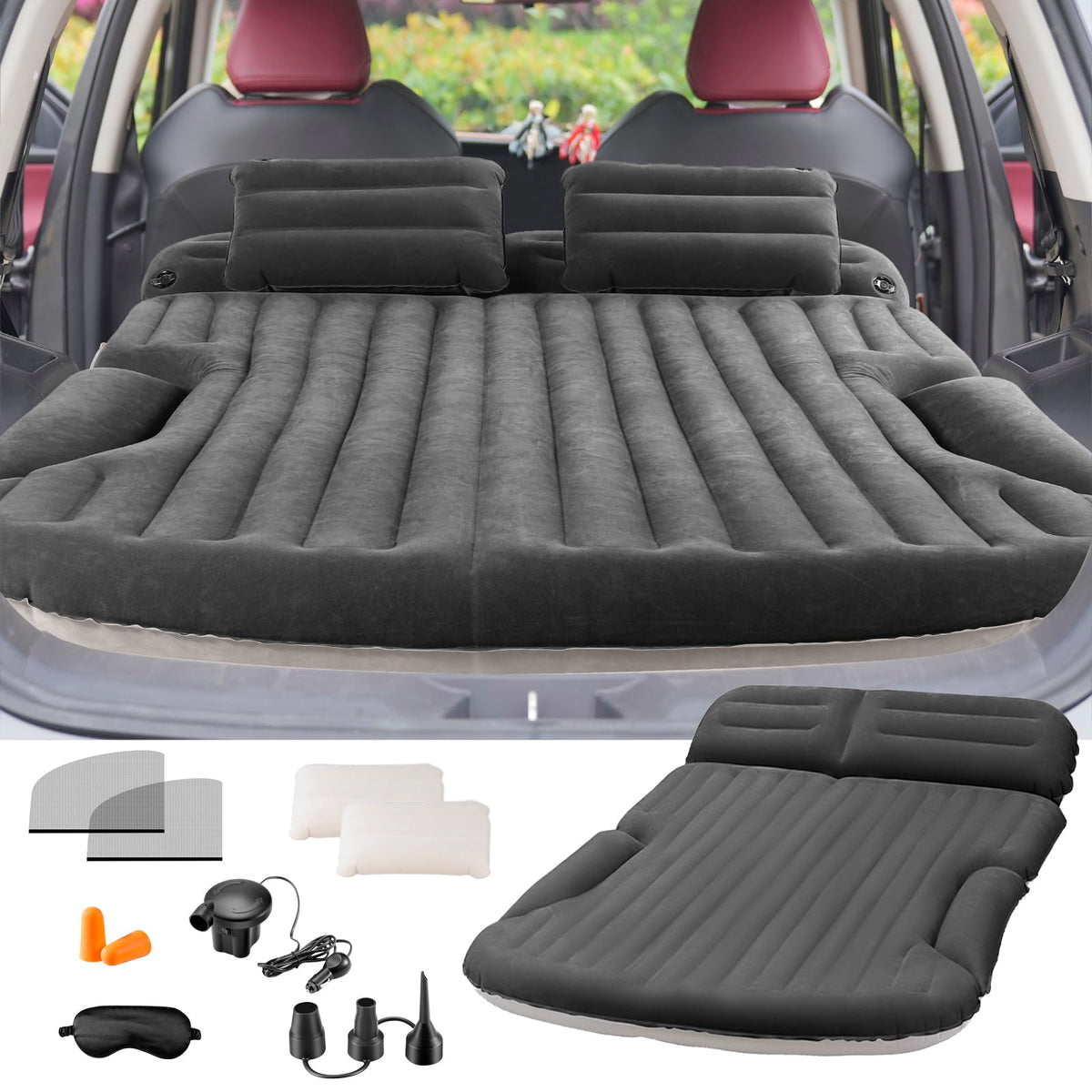 KMZ SUV Air Mattress with Electric Pump, Thick Double-Sided Flocked Camping Bed, Includes 2 Pillows & 2 Window Screens, Inflatable Travel Mattress for SUV Trunk and Rear Seat – Coffee&Beige