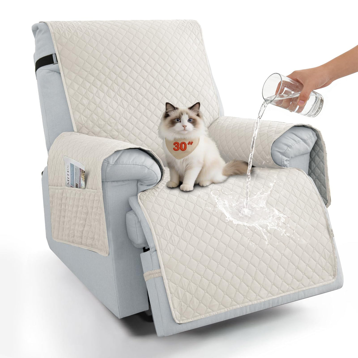 100% Waterproof Recliner Chair Covers 23.6'', Non Slip Recliner Chair Protector Washable Recliner Covers with Pocket & Elastic Straps for Dogs Cats Kids Pets-Chocolate