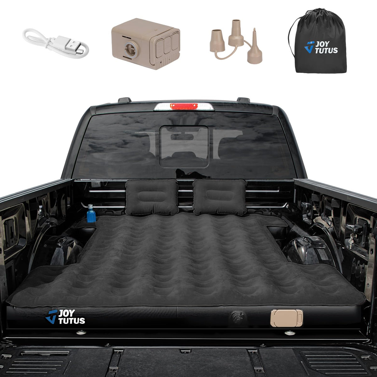 JOYTUTUS Truck Bed Air Mattress for 6.4-6.7Ft, Full Size Regular Beds for Pickup Outdoor Camping, Truck Tent Accessories with Carry Bag & Cup Holder & Cavity Design, Camel&Black