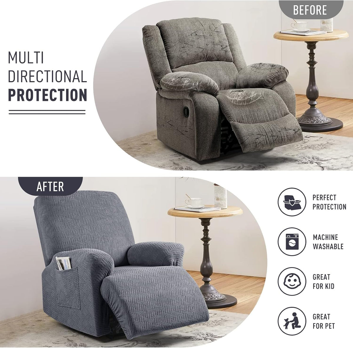 KinCam Recliner Chair Covers, Stretch Reclining Cover, Dark Gray
