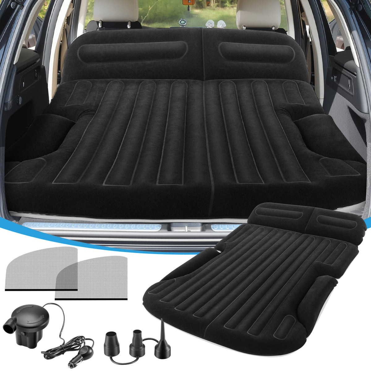 KMZ SUV Air Mattress Thickened and Double-Sided Flocking Travel Camping Bed with 2 Pillows & Electric Pump Dedicated Mobile Cushion Inflatable Bed for SUV Trunk and Rear Seat (Dark Gray)