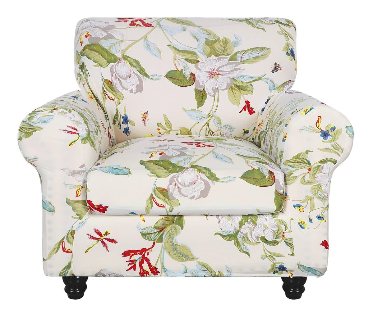 SearchI Stretch Sofa Cover Printed Couch Covers, Floral Pattern 2 Piece Armchair Slipcover with Separate Chair Cushion Cover, Washable Furniture Protector for Living Room(Armchair, Ball Flower)