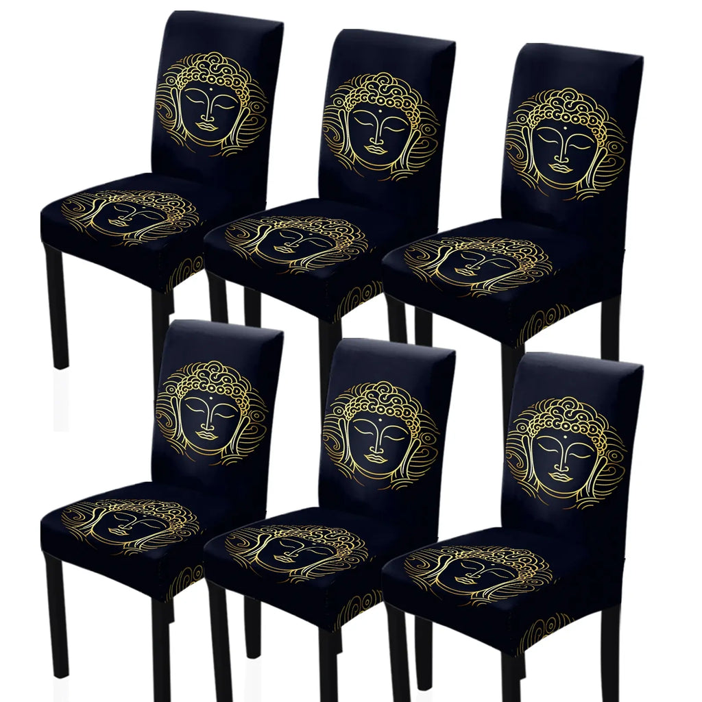 4/6 PCS chair covers and decorations, classic retro and simple gold Buddha printed chair covers and decorations, dirt resistant and removable for cleaning, suitable for home, kitchen, restaurant, hotel chair decoration