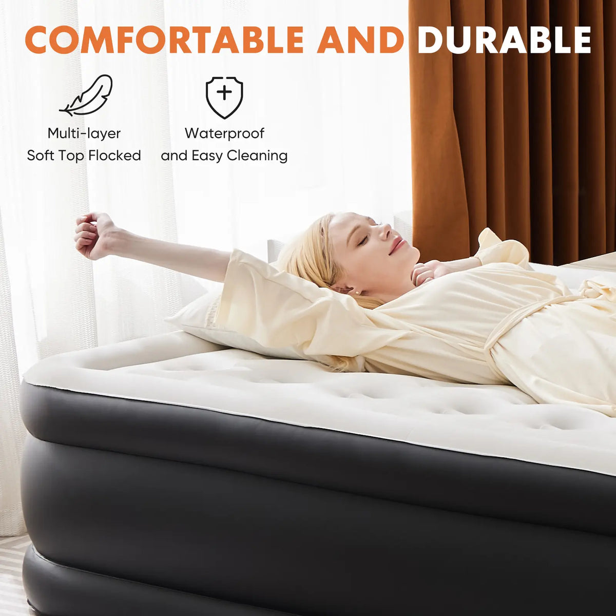 Twin Air Mattress, Inflatable Blow Up Airbed with Built-in High Capacity Pump, Double Height 16in, Non-Slip Bottom Design, Weight Capacity 660 lbs Air Bed for Home or Camping