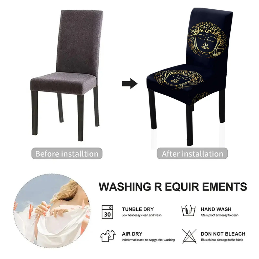 4/6 PCS chair covers and decorations, classic retro and simple gold Buddha printed chair covers and decorations, dirt resistant and removable for cleaning, suitable for home, kitchen, restaurant, hotel chair decoration
