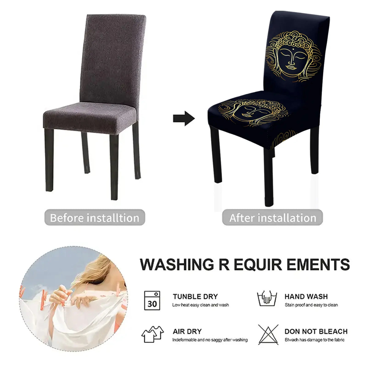 4/6 PCS chair covers and decorations, classic retro and simple gold Buddha printed chair covers and decorations, dirt resistant and removable for cleaning, suitable for home, kitchen, restaurant, hotel chair decoration