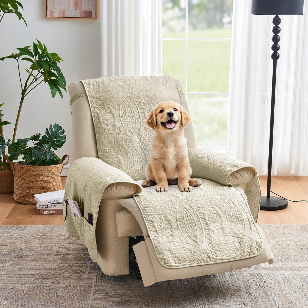 Beige Quilted Recliner Chair Covers, Water-Repellent Recliner Slipcovers, Lazy Boy Chair Covers, Pet Friendly Recliner Covers for Dog, Washable Armchair Protector (Recliner 22", Beige Cream)