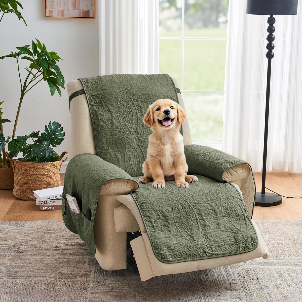 Beige Quilted Recliner Chair Covers, Water-Repellent Recliner Slipcovers, Lazy Boy Chair Covers, Pet Friendly Recliner Covers for Dog, Washable Armchair Protector (Recliner 22", Beige Cream)