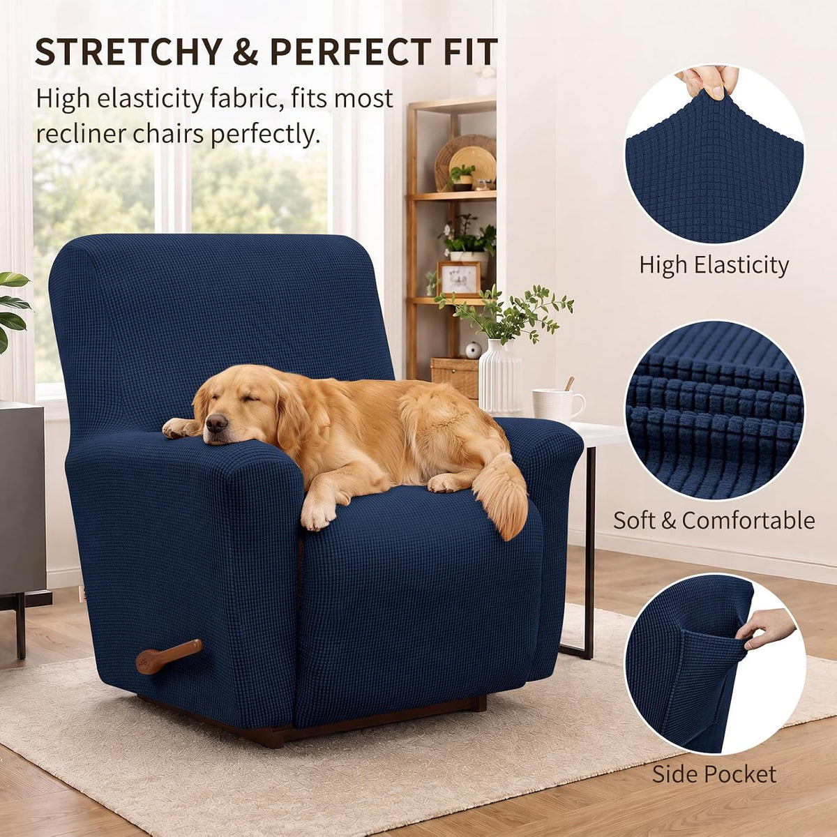 KEKUOU Recliner Chair Covers, 1-Piece Lazy Boy Recliner Covers, Navy Blue