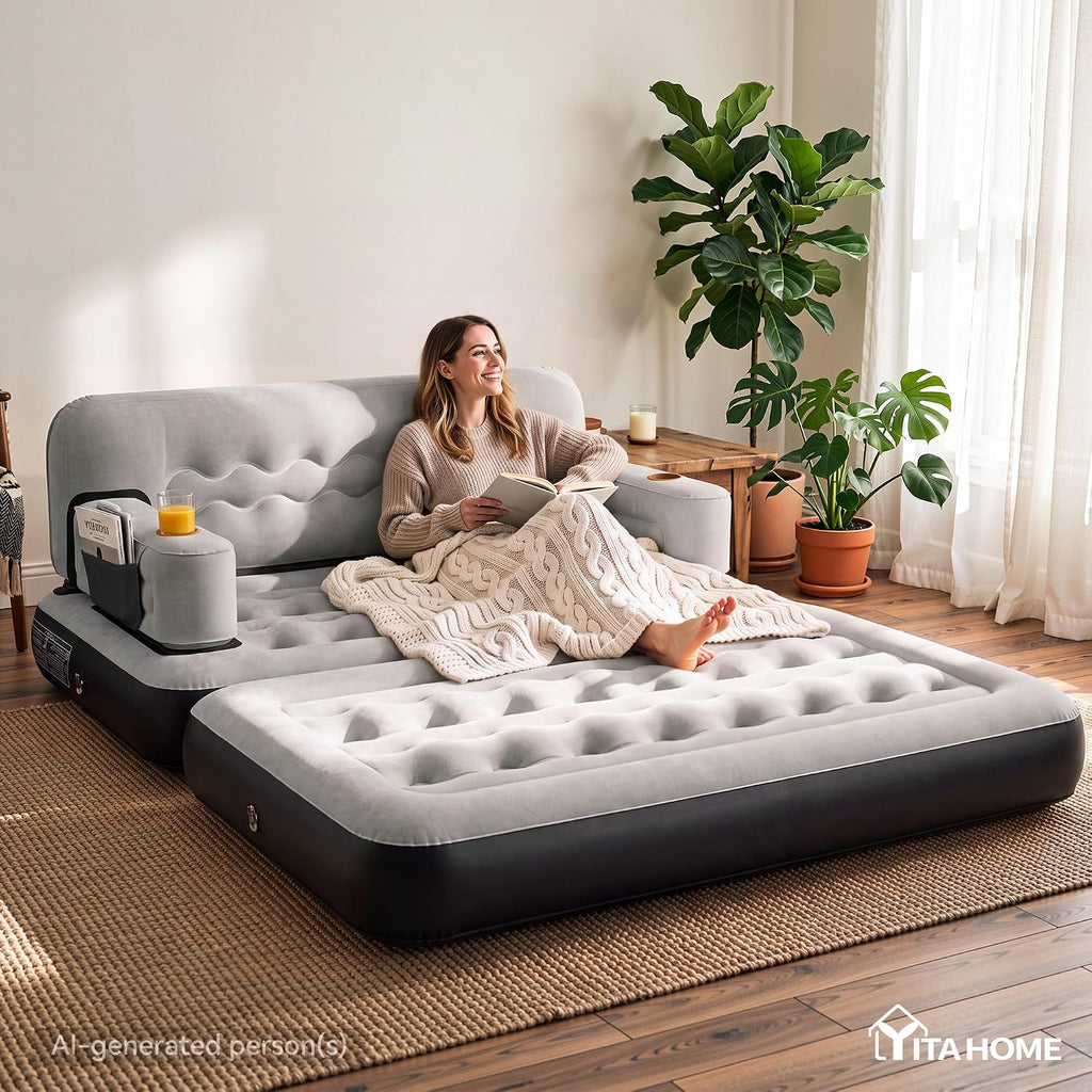YITAHOME Queen Size Air Sofa Bed w/Wave Pattern Headboard & Pump - Gray