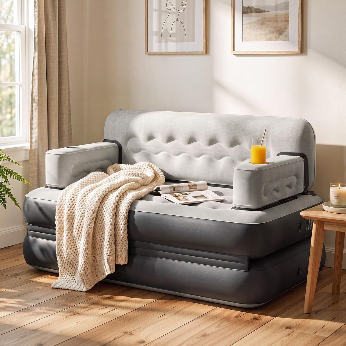 YITAHOME Queen Size Air Sofa Bed w/Wave Pattern Headboard & Pump - Gray