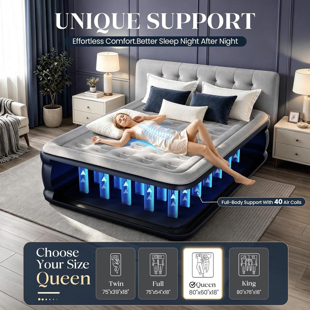 KNZZO Queen Air Mattress with Built in Pump, 18 Inch Inflatable Bed, 800lb