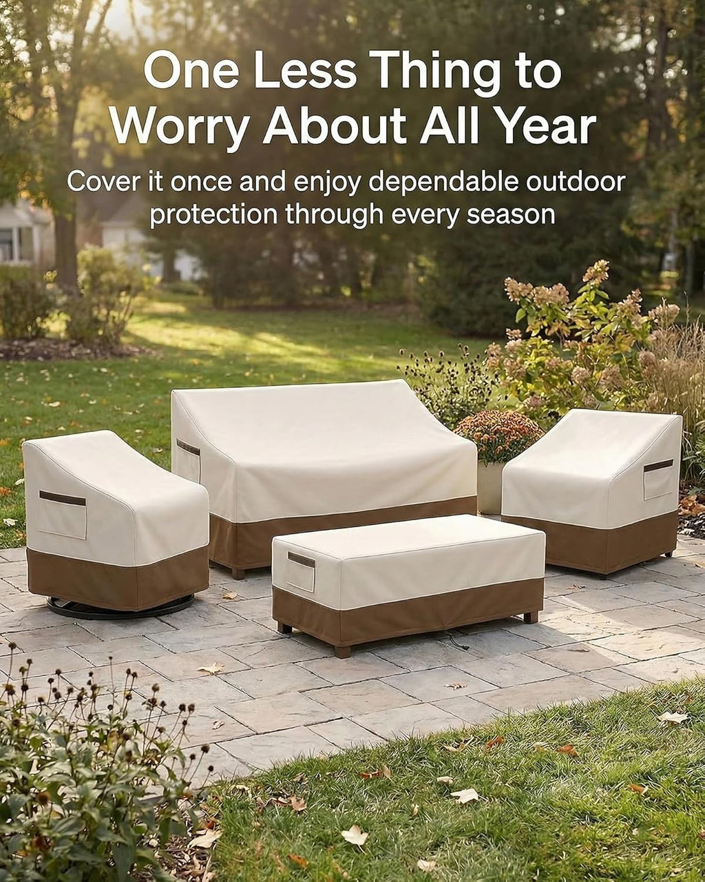 4-Piece Patio Furniture Cover Set, Waterproof Outdoor Furniture Covers for Loveseat, Patio Chairs & Coffee Table, Heavy-Duty 600D, Fade & UV-Resistant, Breathable, All-Season Protection, Beige&Brown