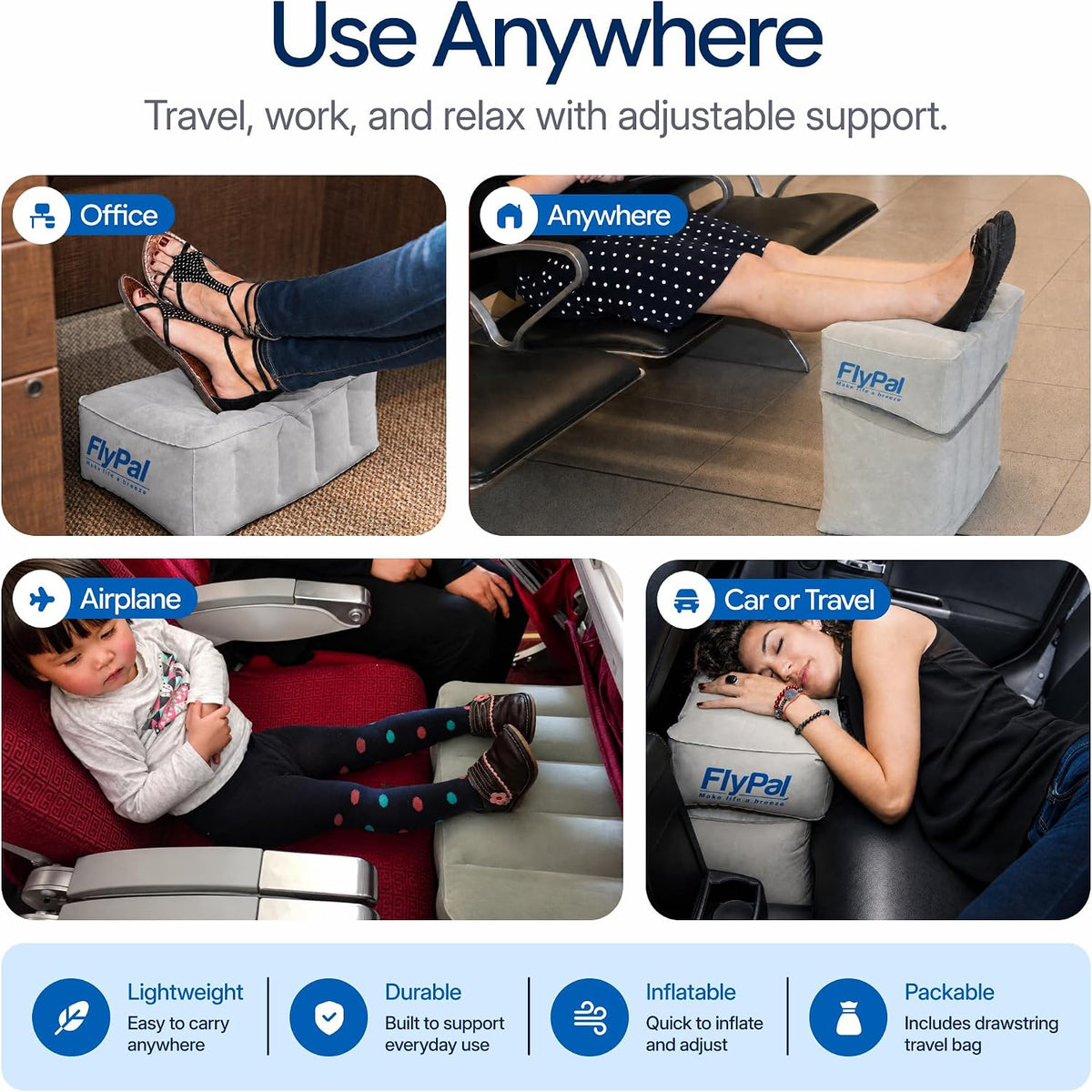 Flypal Inflatable Foot Rest, Adjustable Travel Leg Rest, Kids Airplane Bed
