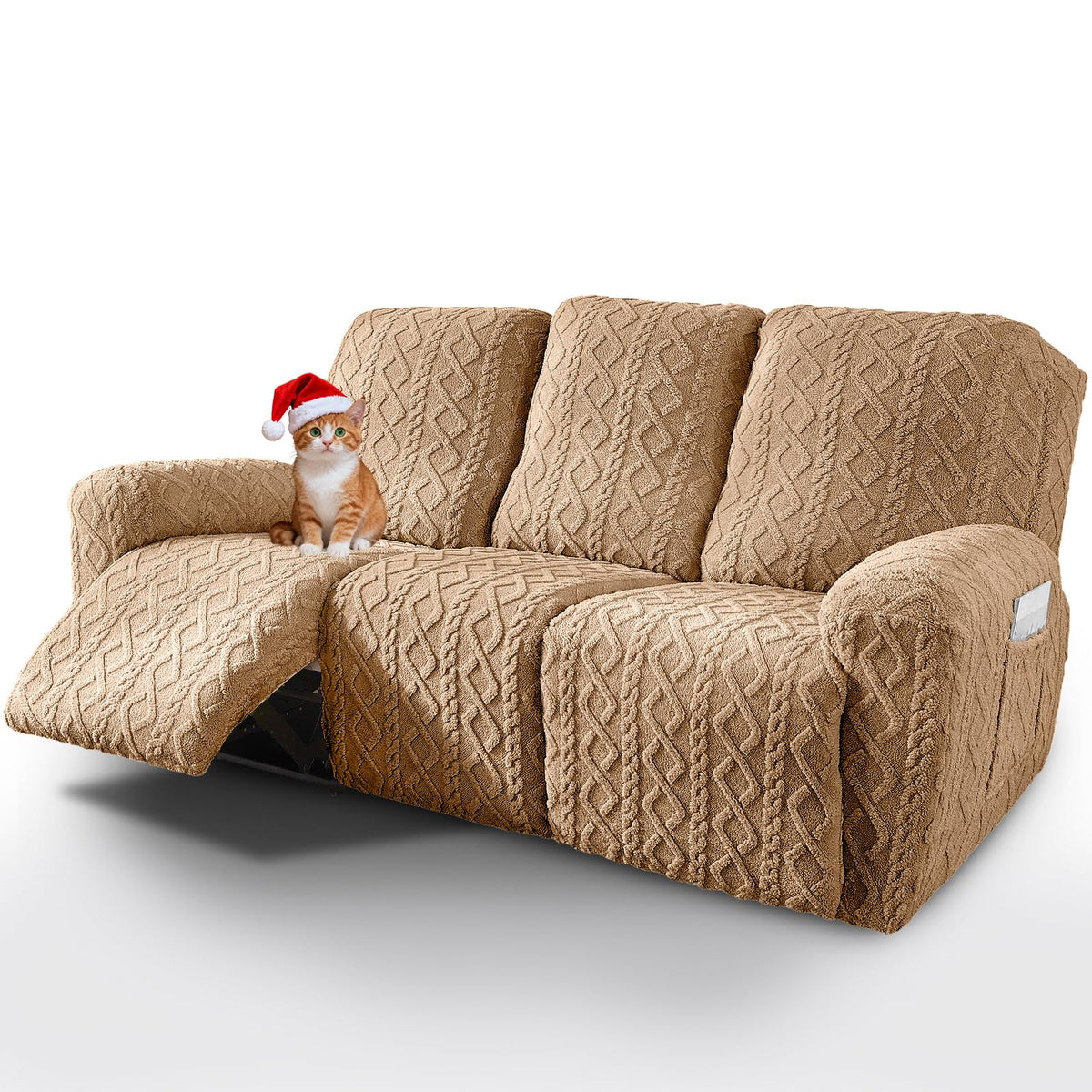 vctops 4 Pieces Recliner Chair Covers, Geometric Jacquard Plush Recliner Slipcovers Soft Fuzzy Sofa Couch Cover Anti-Slip Furniture Protector with Elastic Bottom for Kids Cats Dogs (Cream,1 Seat)
