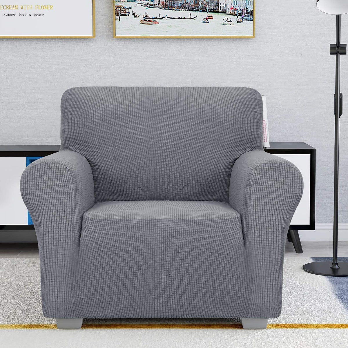 JIVINER Super Stretch Chair Sofa Slipcovers 1-Piece Jacquard Chair Covers for Living Room Soft Anti Slip 1 Seater Couch Furniture Protector Small Checks for Kids Pets (Chair, Light Gray)
