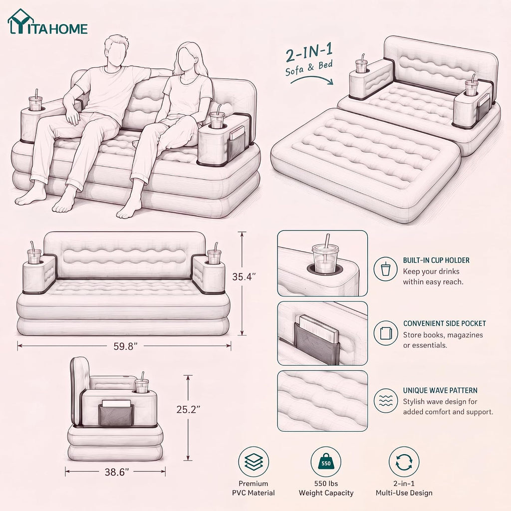 YITAHOME Queen Size Air Sofa Bed w/Wave Pattern Headboard & Pump - Gray