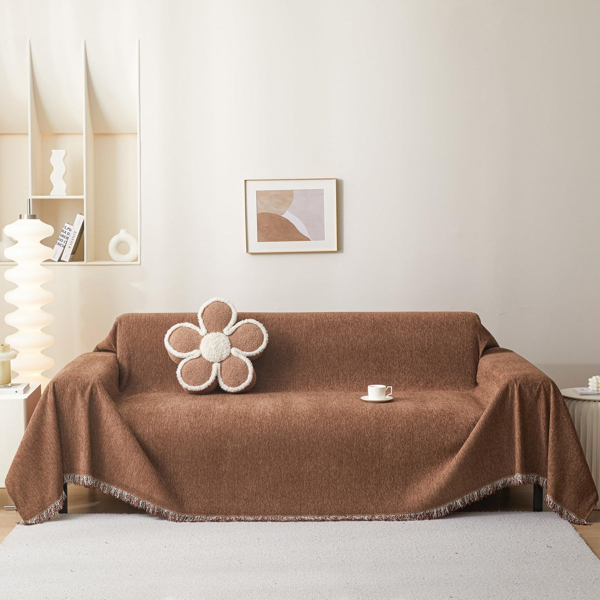 MEETSKY Oversized Chair Cover Washable Armchair Sofa Cover for Dog, Couch Protector for Sofa Single Cover, Small Couch Cover Sofa Throw Cover with Tassel, 71" x 91", Beige