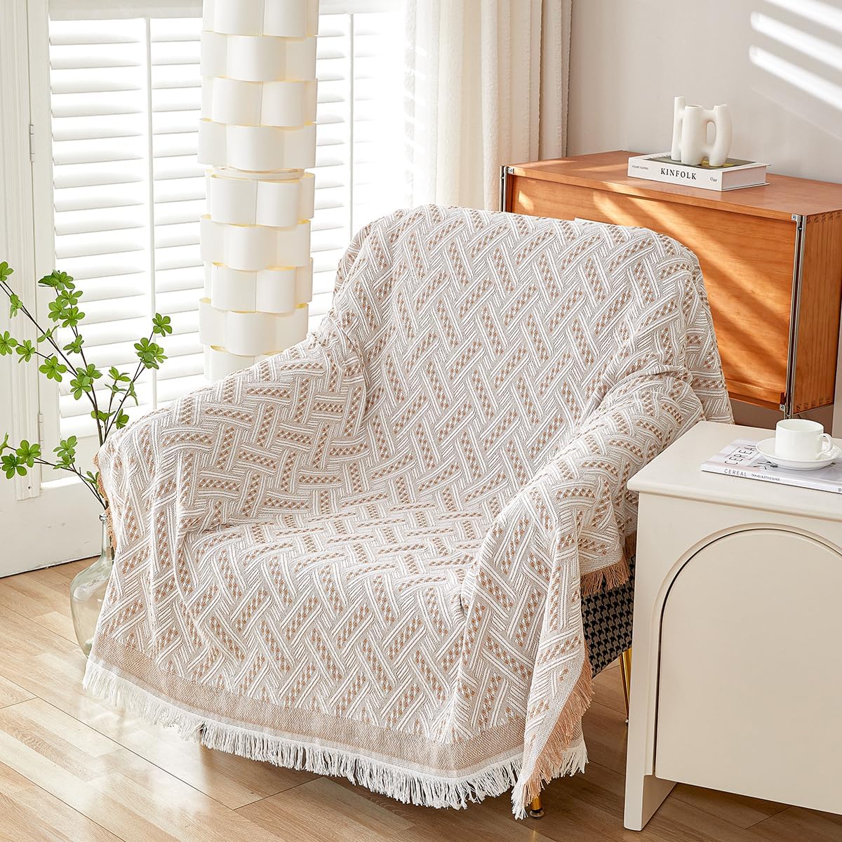 AIVIA Slipper Chair Cover Sheet Blanket, Reversible Anti Slip Throw Cushion Covers for Single Seat Chair Recliner Armchair Ottomans Furniture Decorations Protector Slipcover (White Khaki, 51"x71")