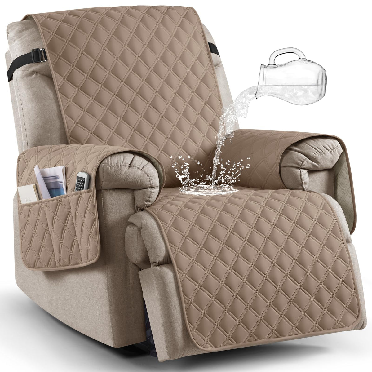 Ruaozz 100% Waterproof Recliner Chair Covers, Non-Slip Reclining Covers for Recliner Chair Washable Chair Cover, Recliner Covers with Pockets for Kids, Dogs, Pets (Chocolate, 23'')