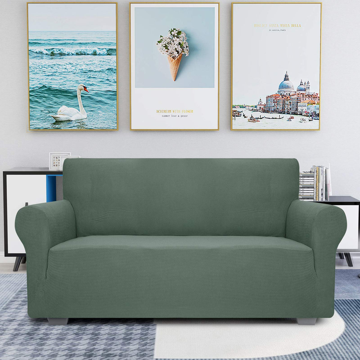 JIVINER Super Stretch Chair Sofa Slipcovers 1-Piece Jacquard Chair Covers for Living Room Soft Anti Slip 1 Seater Couch Furniture Protector Small Checks for Kids Pets (Chair, Light Gray)