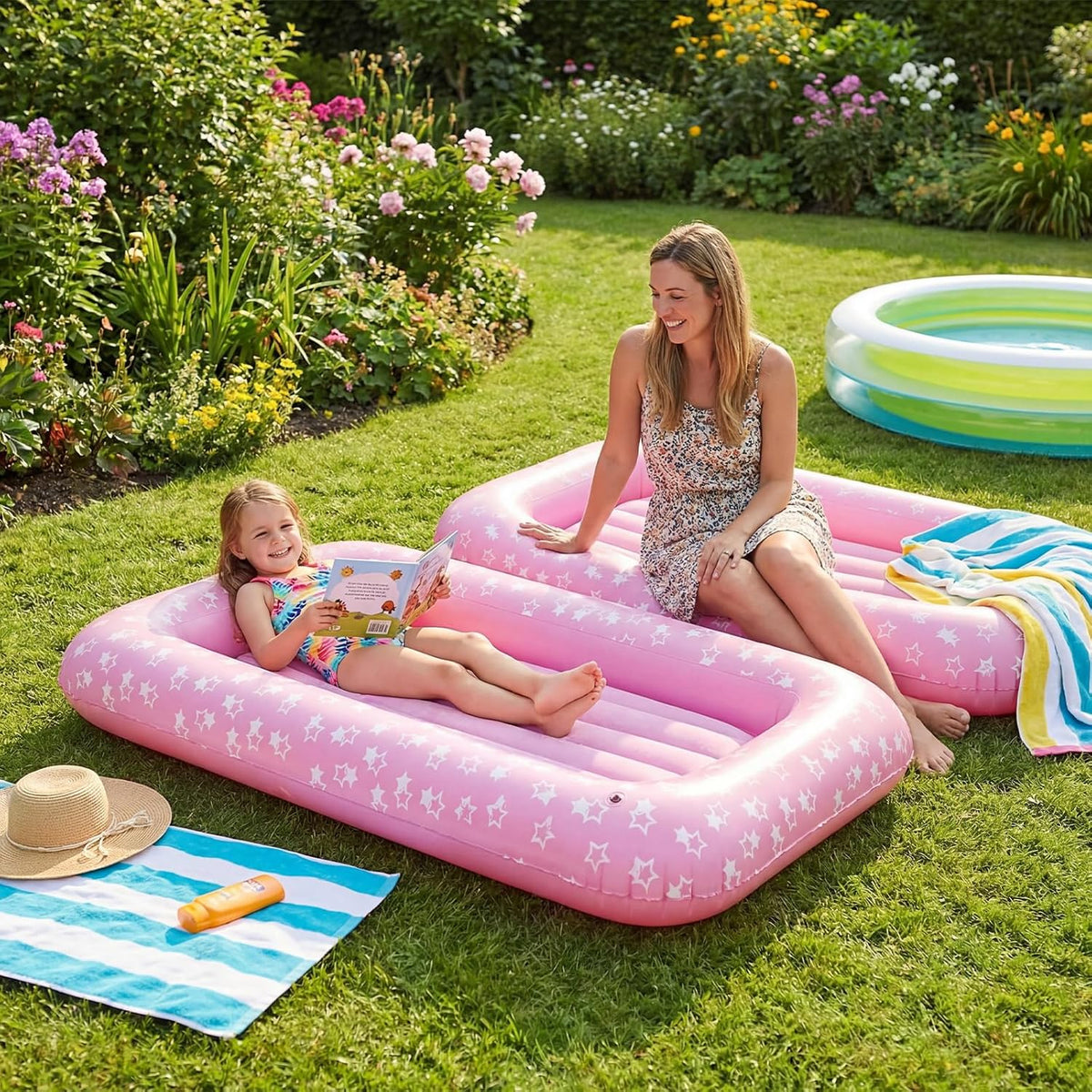 Junkin 71 Inch Travel Air Mattress Inflatable Bed Set with Raised Sides Hand Pump Pink Star Inflatable Sleeping Pads for Camping Backpacking Hiking Traveling Tent