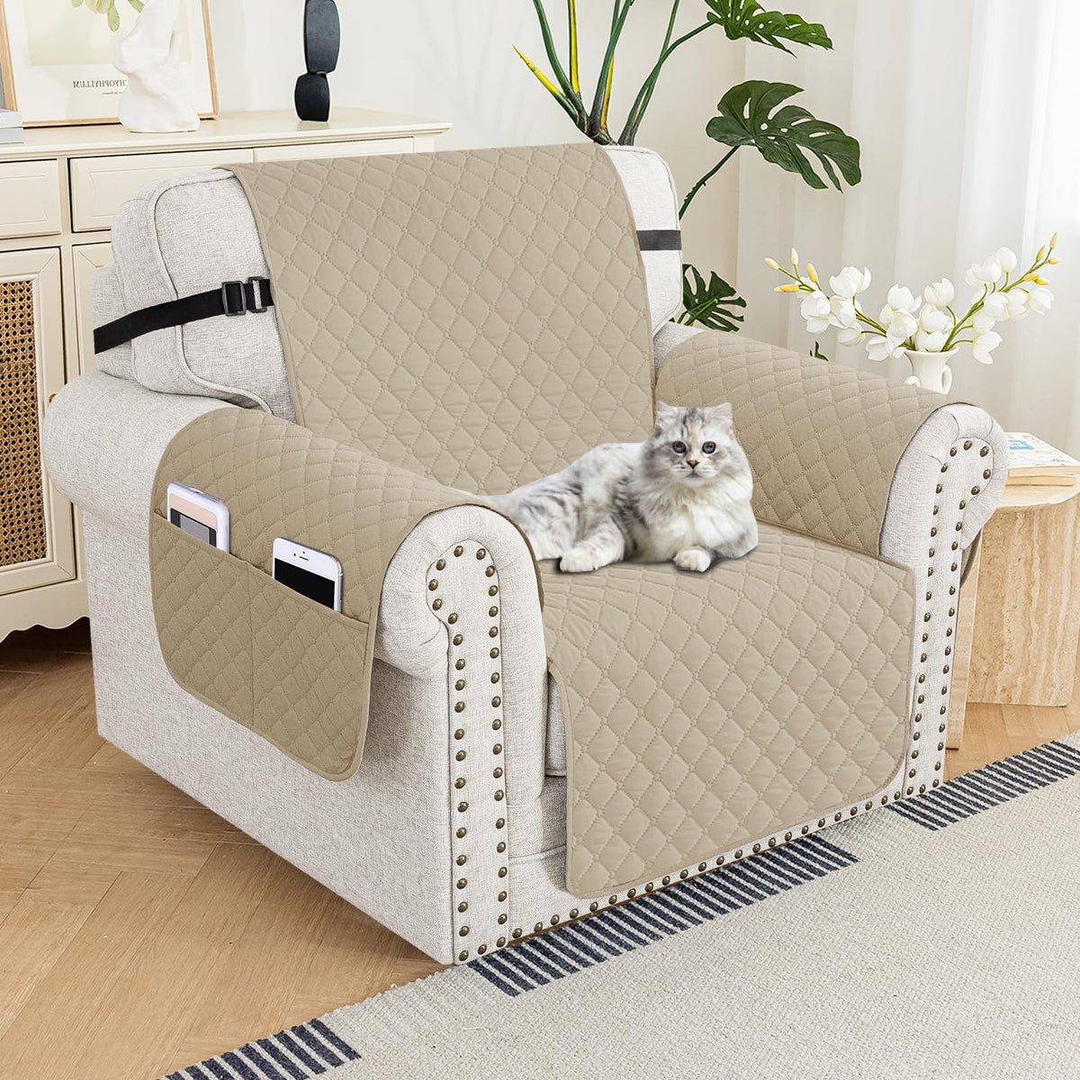 XINEAGE Water Resistant Recliner Cover, Nonslip Recliner Chair Covers for Reclining Chair with Pockets, Quilted Thick Recliner Slipcovers for Pets and Kids (Recliner Chair, Dark Gray)