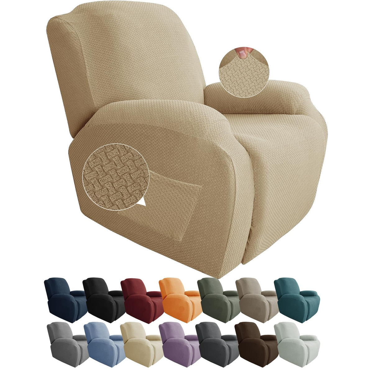 JIVINER 4-Piece Recliner Chair Covers Stretch Jacquard Chair Covers for Reclining Chair Recliner Slipcovers for Living Room Soft Recliner Protector with Pocket (Recliner,Dark Coffee)