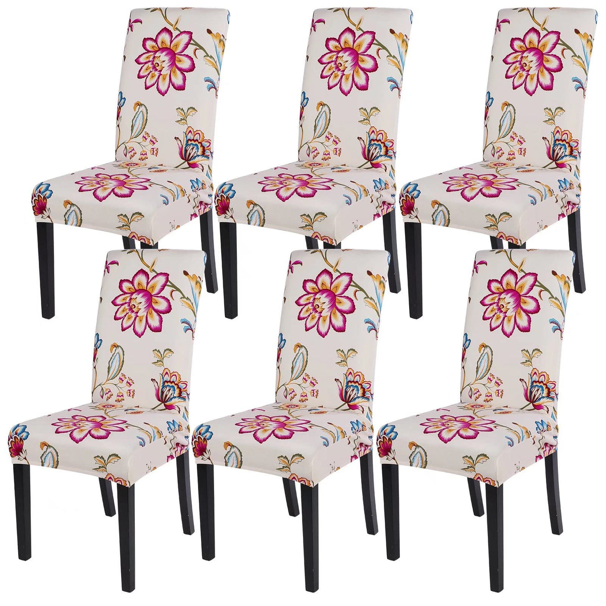SearchI Chair Covers Slipcovers Set of 4, Spandex Super Fit Stretch Removable Washable Kitchen Parsons Protector for Dining Room,Hotel,Ceremony,Beige+Flowers