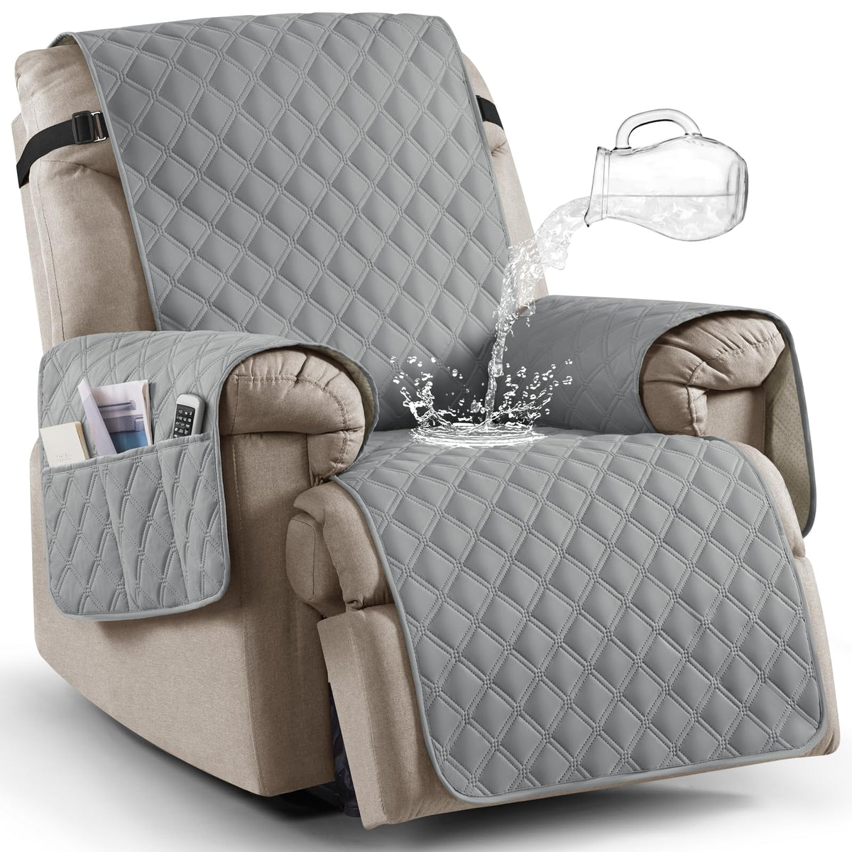 Ruaozz 100% Waterproof Recliner Chair Covers, Non-Slip Reclining Covers for Recliner Chair Washable Chair Cover, Recliner Covers with Pockets for Kids, Dogs, Pets (Chocolate, 23'')