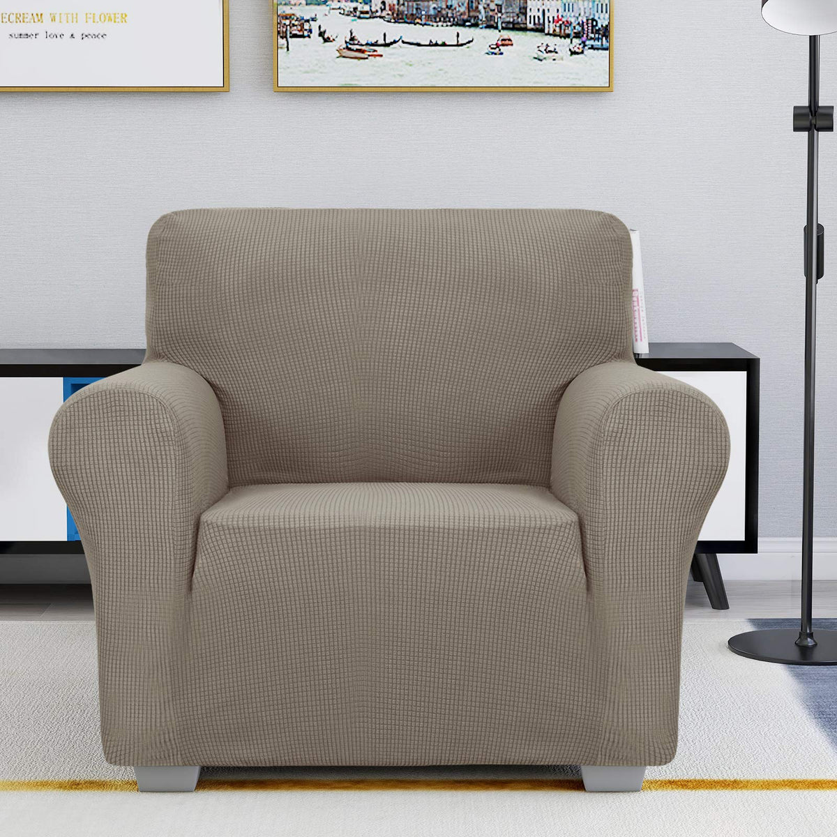 JIVINER Super Stretch Chair Sofa Slipcovers 1-Piece Jacquard Chair Covers for Living Room Soft Anti Slip 1 Seater Couch Furniture Protector Small Checks for Kids Pets (Chair, Light Gray)