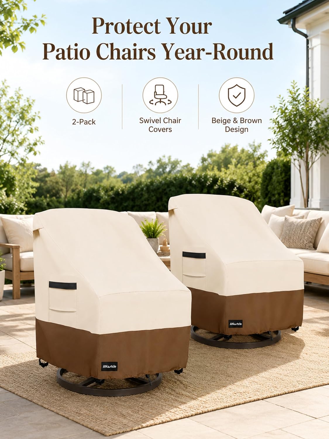 ANartcle Outdoor Swivel Chair Covers 2 Pack,600D Waterproof Heavy Duty Patio Chair Covers(30 W x 34 D x 38.5 H inches),Patio Swivel Chair Covers for Outdoor Furniture,Beige&brown.