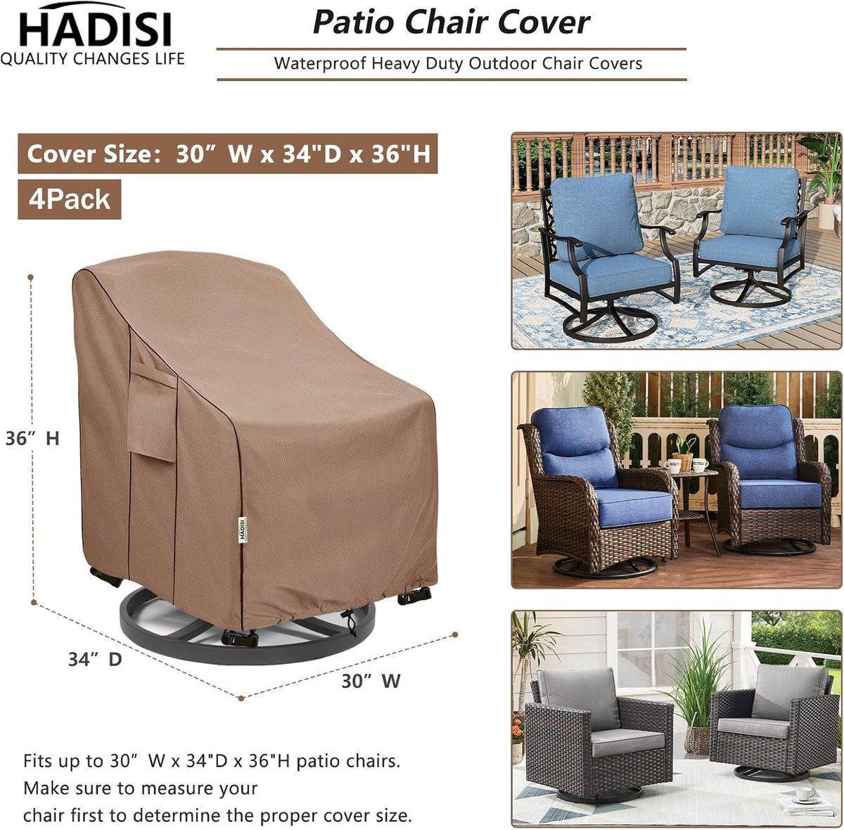 Patio Chair Covers for Outdoor Furniture Waterproof 4 Pack, Heavy Duty Waterproof Outdoor Swivel Chair Cover (30"W x34"D x36"H - Brown)