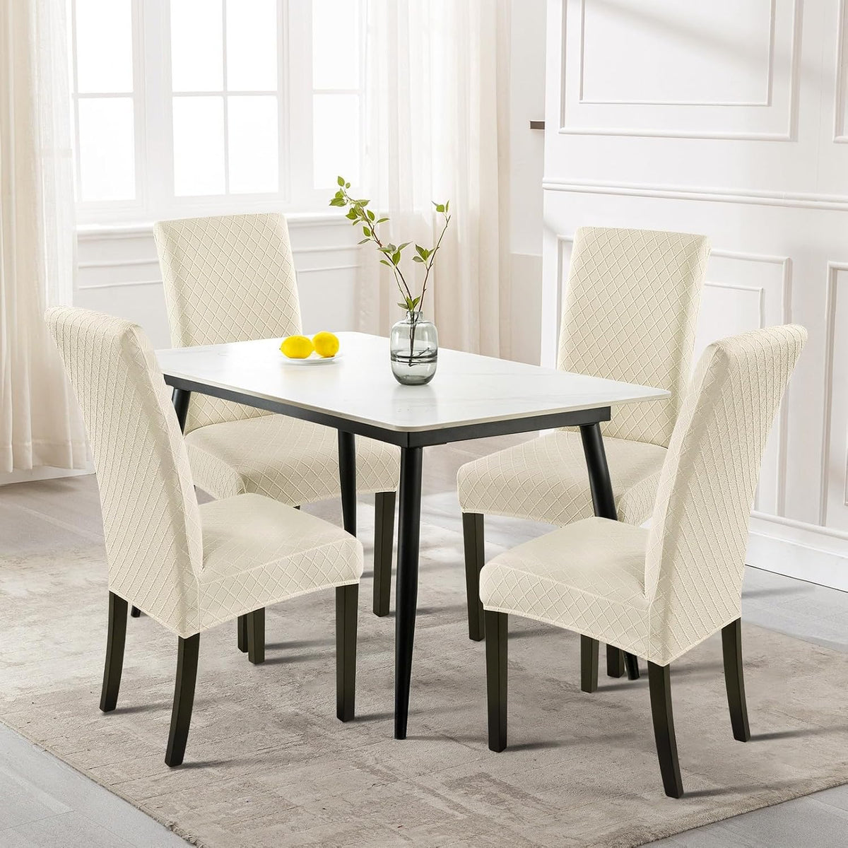 SearchI Dining Room Chair Covers Set of 6, Stretch Jacquard Parsons Chair Slipcovers Super Fit Removable Washable Kitchen Chair Protector Cover for Dining Room, Hotel, Ceremony (Beige Rhombus)