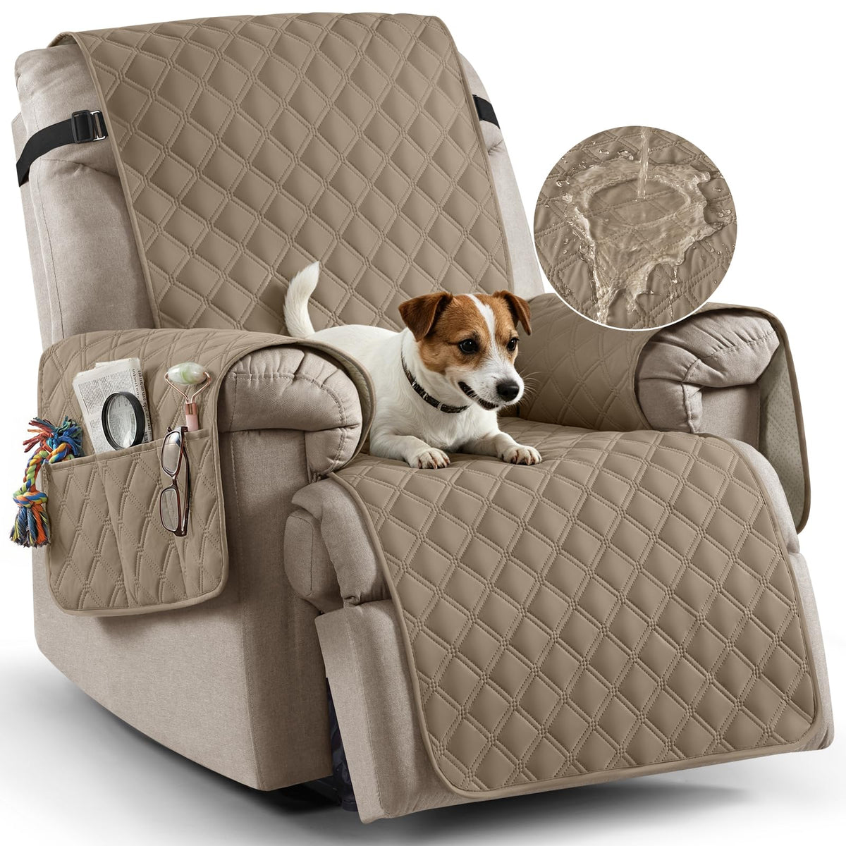 Ruaozz 100% Waterproof Recliner Chair Covers, Non-Slip Reclining Covers for Recliner Chair Washable Chair Cover, Recliner Covers with Pockets for Kids, Dogs, Pets (Chocolate, 23'')