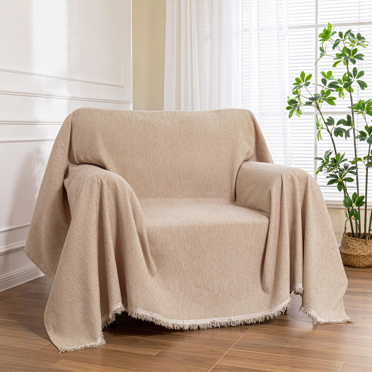 MEETSKY Oversized Chair Cover Washable Armchair Sofa Cover for Dog, Couch Protector for Sofa Single Cover, Small Couch Cover Sofa Throw Cover with Tassel, 71" x 91", Beige
