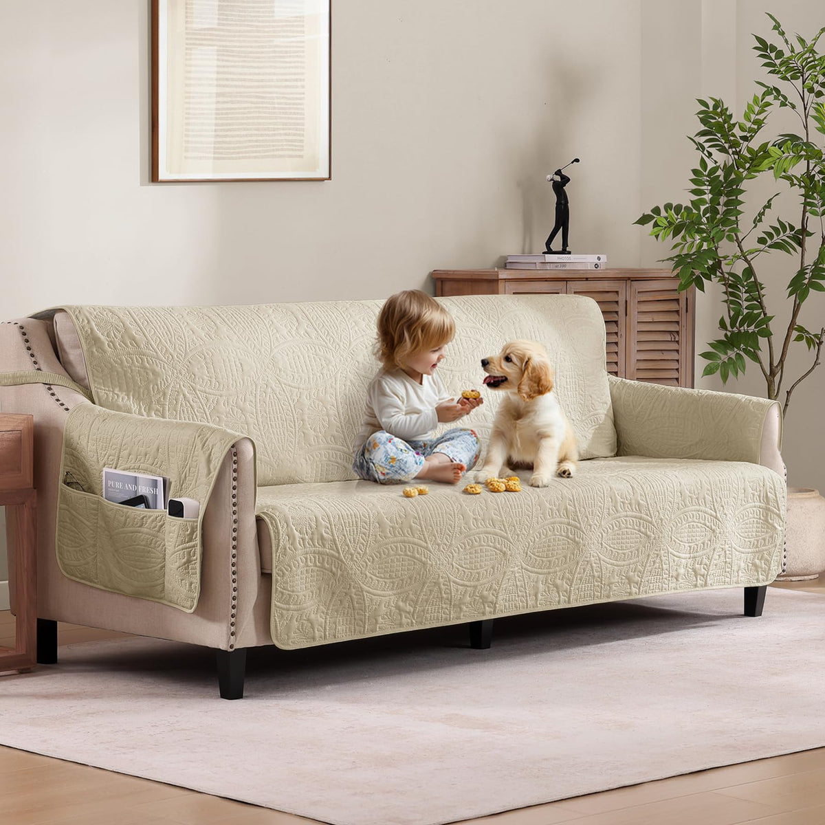 Beige Quilted Recliner Chair Covers, Water-Repellent Recliner Slipcovers, Lazy Boy Chair Covers, Pet Friendly Recliner Covers for Dog, Washable Armchair Protector (Recliner 22", Beige Cream)