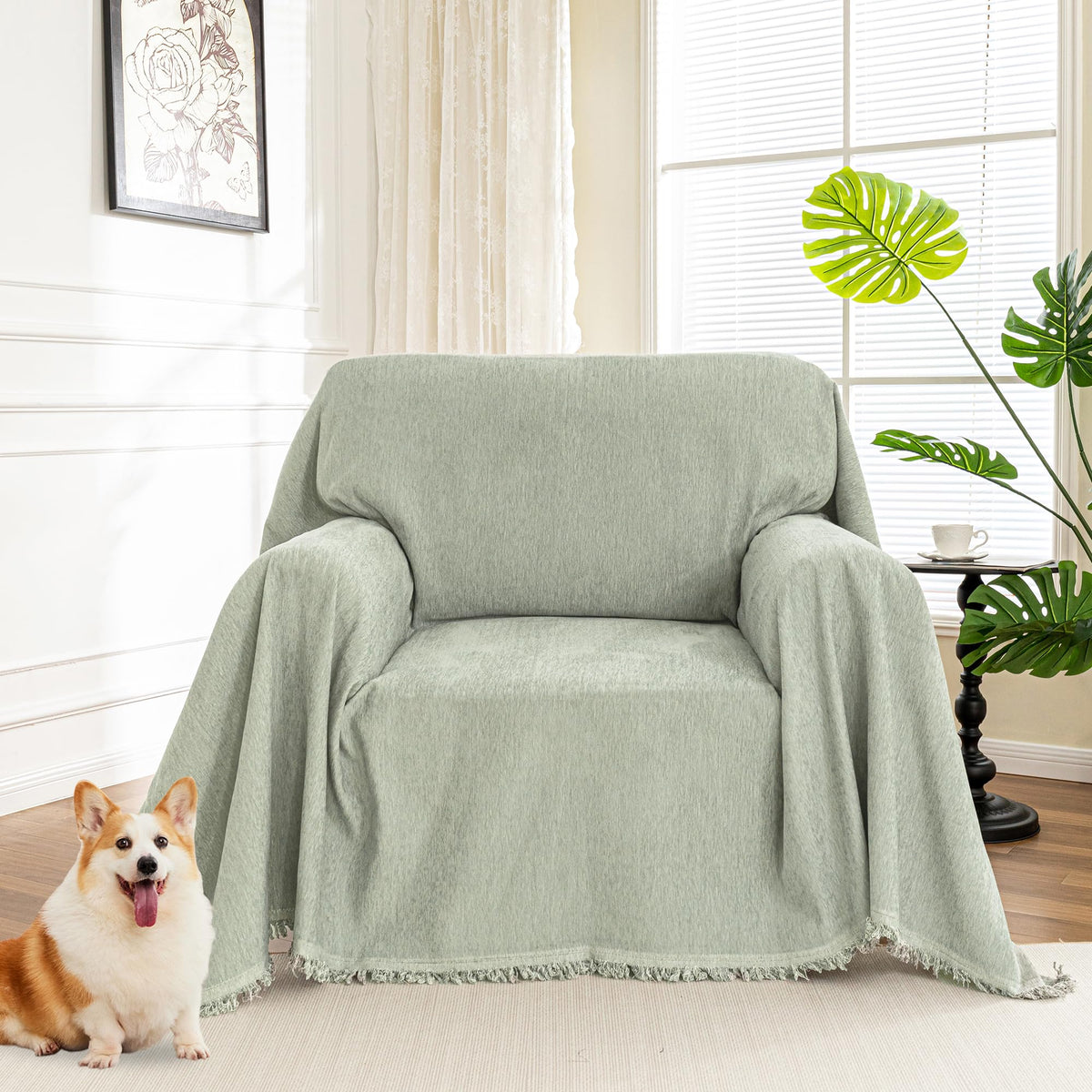 MYSKY HOME Oversized Chair Cover, Armchair Couch Cover for 1 Cushion, Washable Recliner Covers Sofa Protector with Tassel, Beige, 71"X91"
