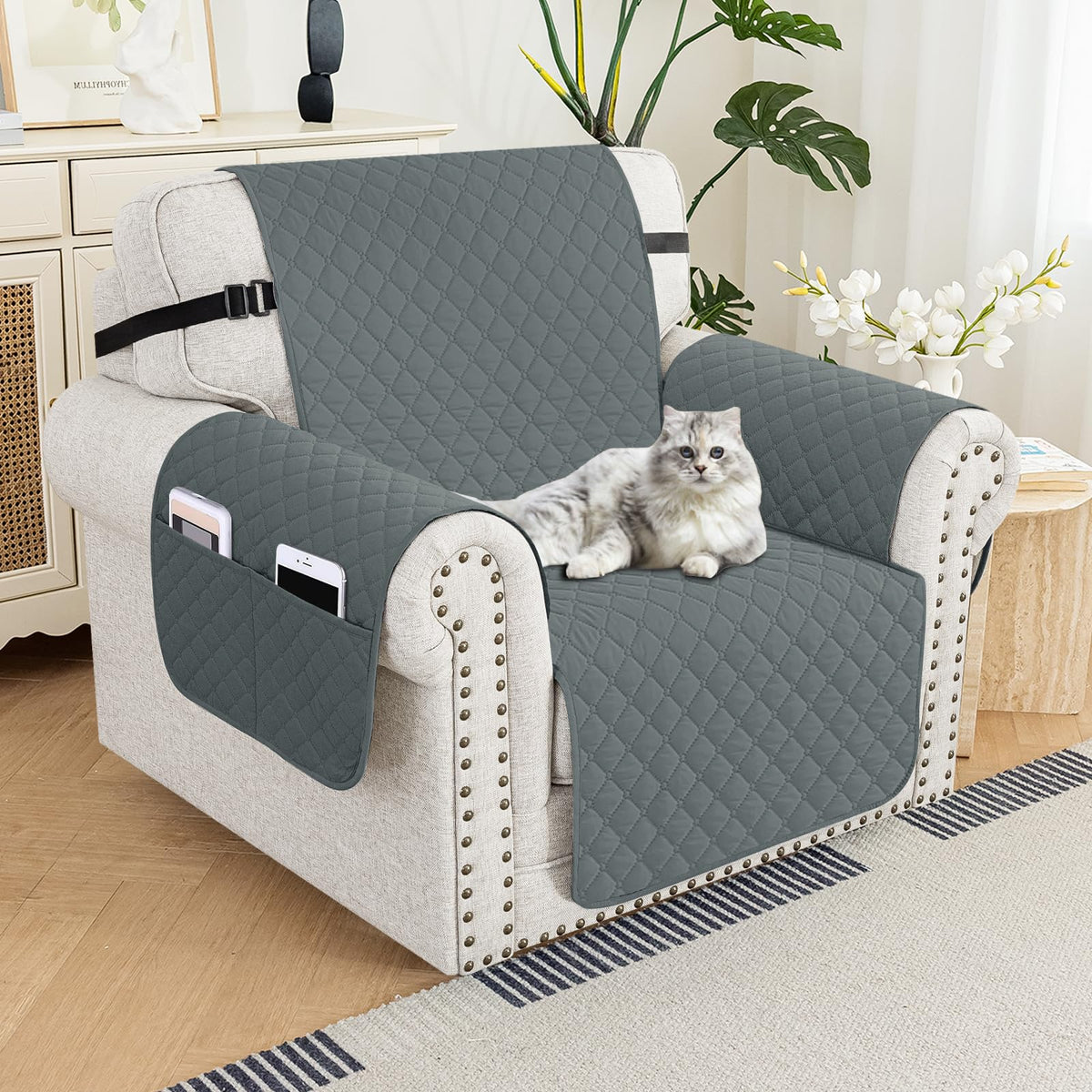 XINEAGE Water Resistant Recliner Cover, Nonslip Recliner Chair Covers for Reclining Chair with Pockets, Quilted Thick Recliner Slipcovers for Pets and Kids (Recliner Chair, Dark Gray)