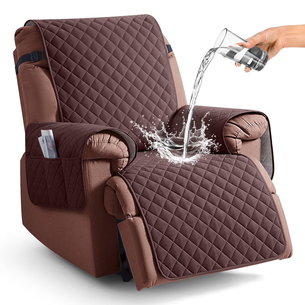 KinCam 100% Waterproof Recliner Chair Cover, Reclining Couch Covers for Pets, Dogs, Recliner Couch Slipcover Furniture Protector with Elastic Straps for Kids(23.6", Chocolate)