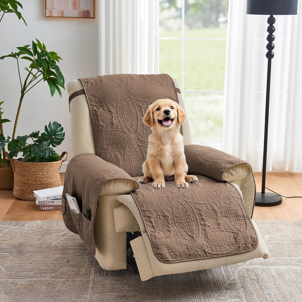 Beige Quilted Recliner Chair Covers, Water-Repellent Recliner Slipcovers, Lazy Boy Chair Covers, Pet Friendly Recliner Covers for Dog, Washable Armchair Protector (Recliner 22", Beige Cream)