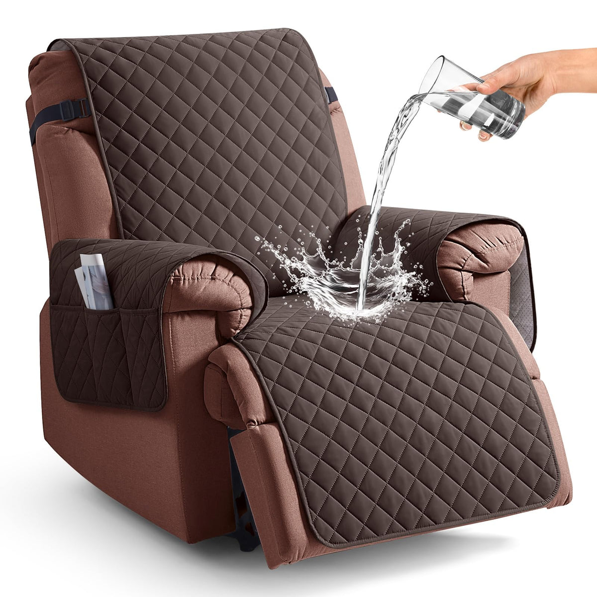 KinCam 100% Waterproof Recliner Chair Cover, Reclining Couch Covers for Pets, Dogs, Recliner Couch Slipcover Furniture Protector with Elastic Straps for Kids(23.6", Chocolate)