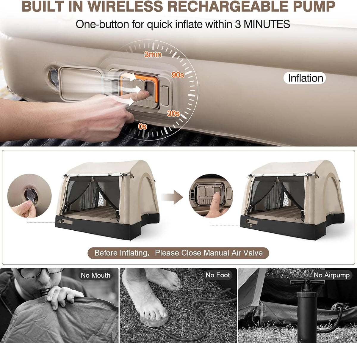 Auto Inflatable Truck Bed Tent with Mattress, PU2000mm Waterproof, Rechargeable Air Pump, 3 Mins Fast Setup All-in-One Pickup Truck Tent with Pillows for Ford F150, Camping, 2 Years Warranty