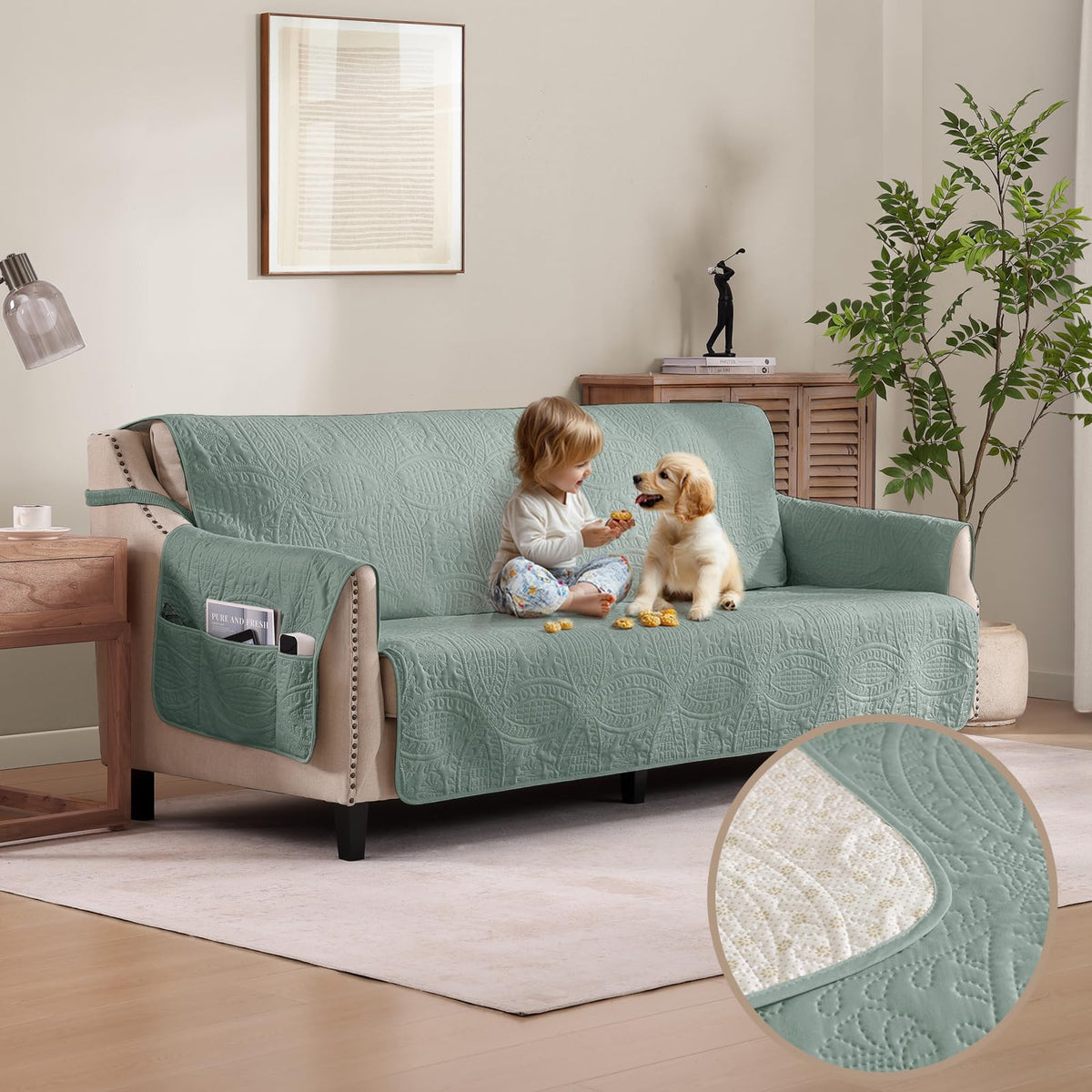 Beige Quilted Recliner Chair Covers, Water-Repellent Recliner Slipcovers, Lazy Boy Chair Covers, Pet Friendly Recliner Covers for Dog, Washable Armchair Protector (Recliner 22", Beige Cream)