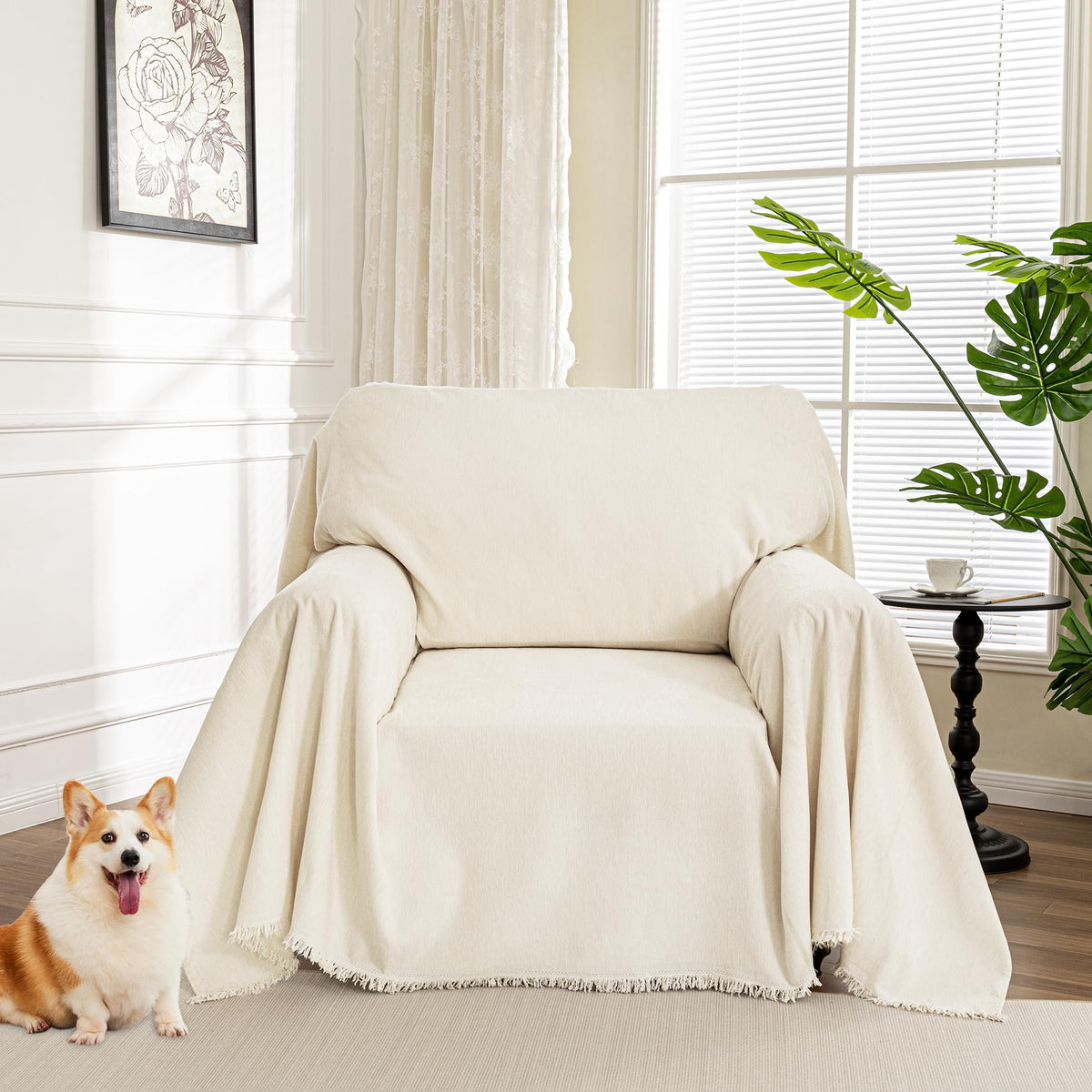 MYSKY HOME Oversized Chair Cover, Armchair Couch Cover for 1 Cushion, Washable Recliner Covers Sofa Protector with Tassel, Beige, 71"X91"